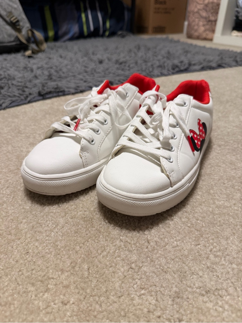 Women’s White Sneakers with Red Minnie Bow Detail